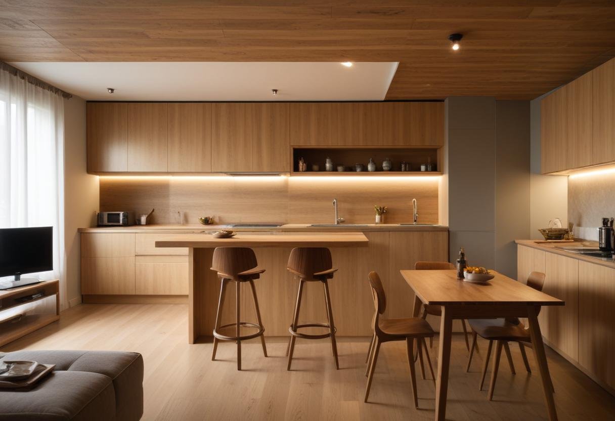 Sala com painéis de madeira planejados escondendo fiação e automação