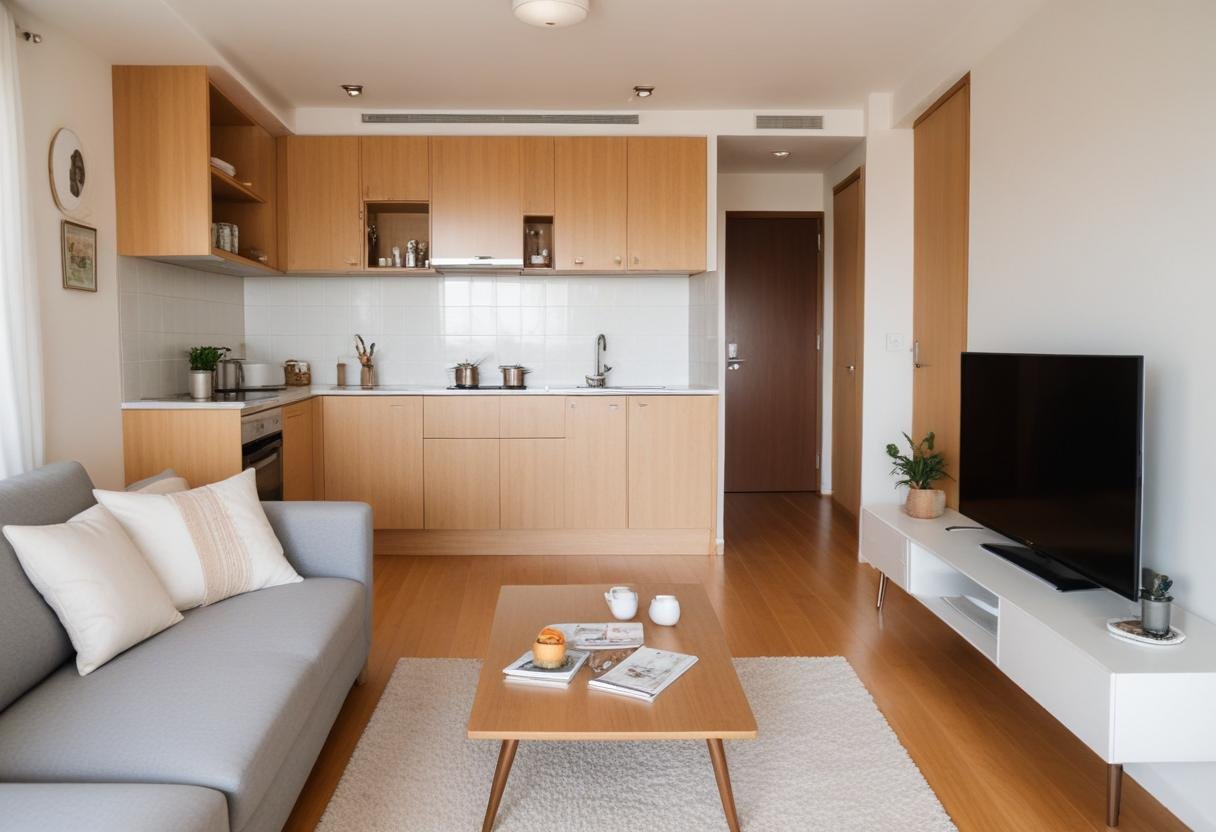 Sala de um apartamento pequeno e luxuoso com móveis planejados sob medida.