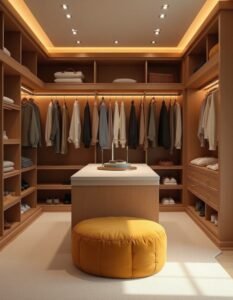 Closet de móveis planejados de alto padrão com roupas e acessórios organizados.