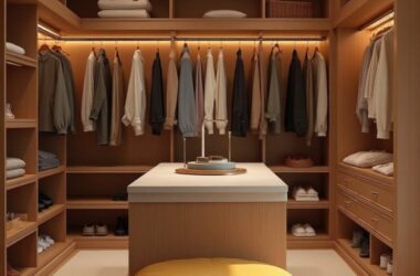 Closet de móveis planejados de alto padrão com roupas e acessórios organizados.