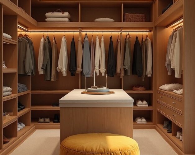 Closet de móveis planejados de alto padrão com roupas e acessórios organizados.