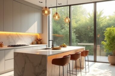 Cozinha gourmet com decoração planejada e iluminação estratégica.