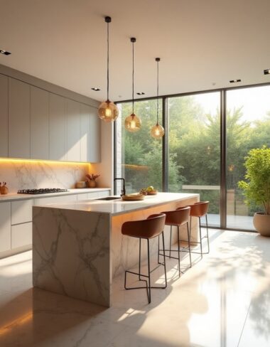 Cozinha gourmet com decoração planejada e iluminação estratégica.