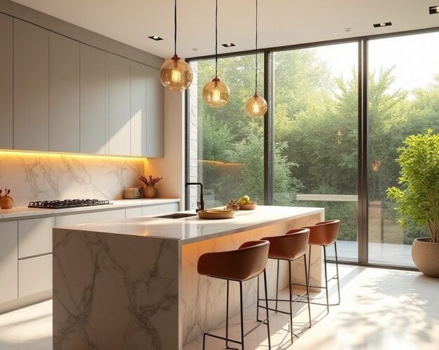 Cozinha gourmet com decoração planejada e iluminação estratégica.