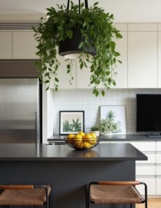 Sala de estar iluminada com diversas plantas para casa em vasos estilosos.