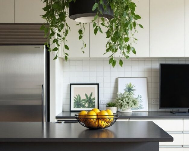 Sala de estar iluminada com diversas plantas para casa em vasos estilosos.