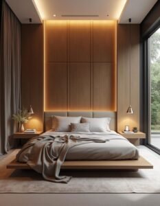 Quarto planejado de alto padrão com armário espaçoso e bem organizado.