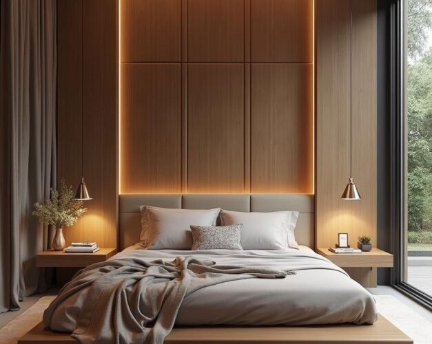 Quarto planejado de alto padrão com armário espaçoso e bem organizado.