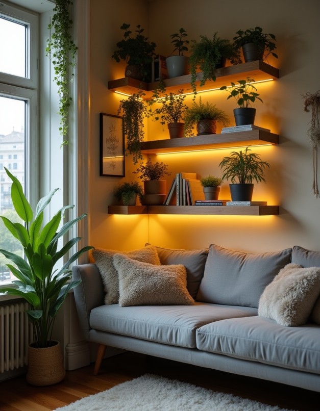 Ambiente multifuncional com sofá-cama embutido e decoração minimalista aconchegante.