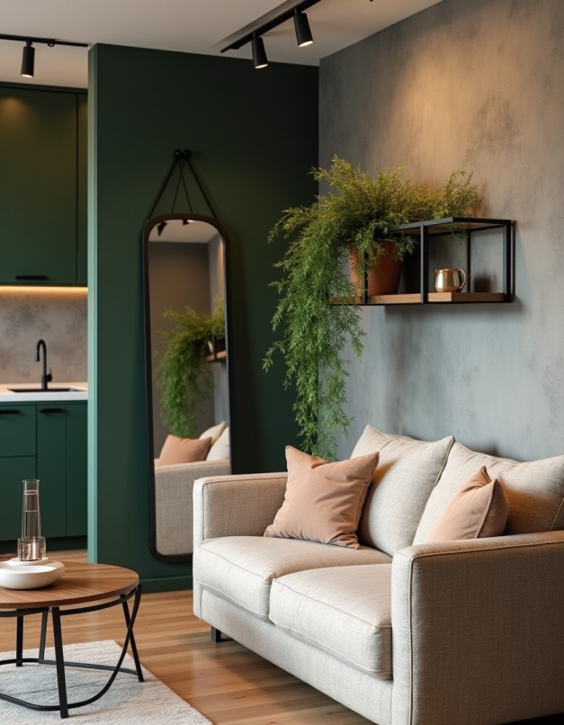 Ambiente multifuncional com sofá-cama embutido e decoração minimalista aconchegante.