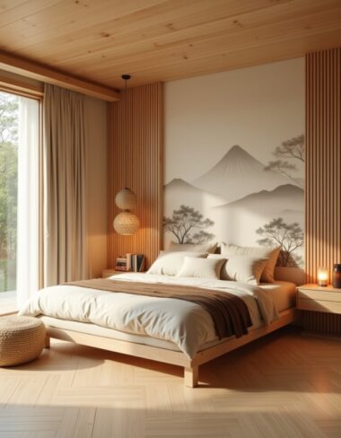Ambiente multifuncional com sofá-cama embutido e decoração minimalista aconchegante.