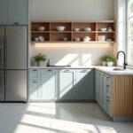 Cozinha modulada com armários bem organizados e eletrodomésticos embutidos, visual funcional.