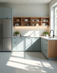 Cozinha modulada com armários bem organizados e eletrodomésticos embutidos, visual funcional.