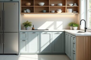 Cozinha modulada com armários bem organizados e eletrodomésticos embutidos, visual funcional.