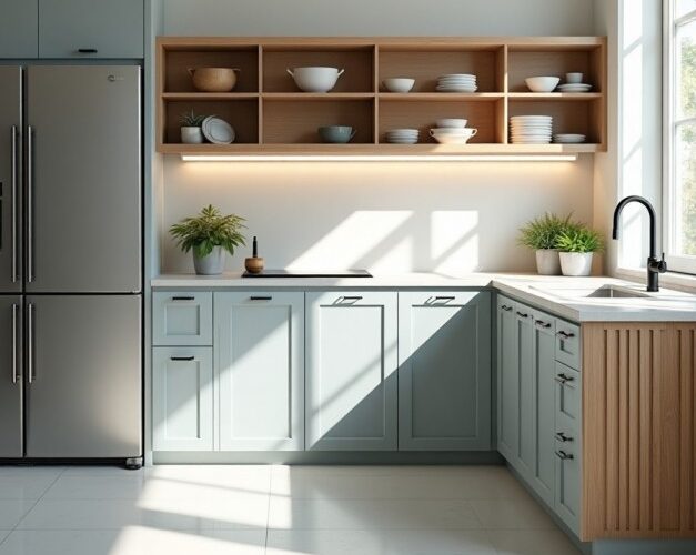 Cozinha modulada com armários bem organizados e eletrodomésticos embutidos, visual funcional.