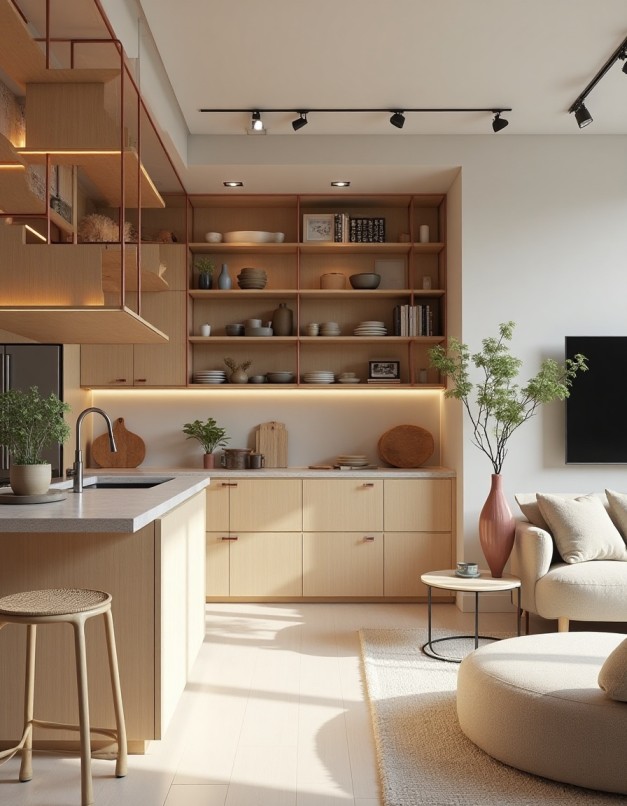 Cozinha planejada de alto padrão com ilha central e design moderno, otimizando o espaço