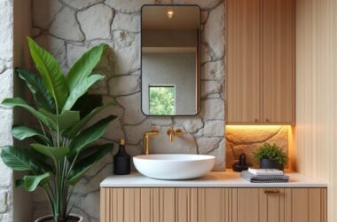 Pequeno jardim interno com diferentes tipos de plantas e iluminação natural.