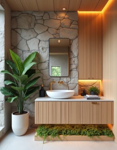 Pequeno jardim interno com diferentes tipos de plantas e iluminação natural.