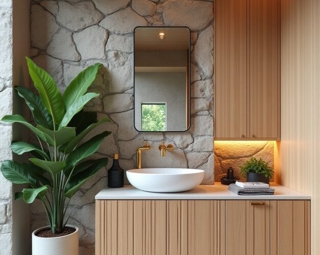 Pequeno jardim interno com diferentes tipos de plantas e iluminação natural.