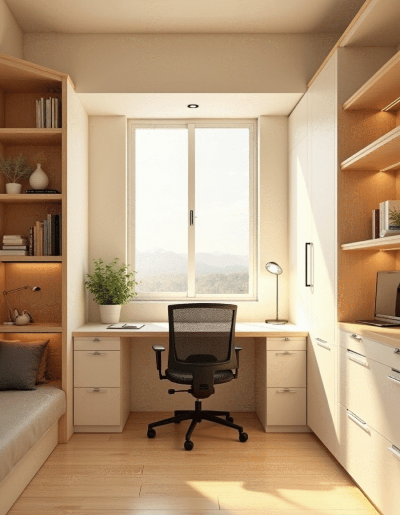 Home office planejado moderno em apartamento pequeno, otimizando espaço para trabalho.