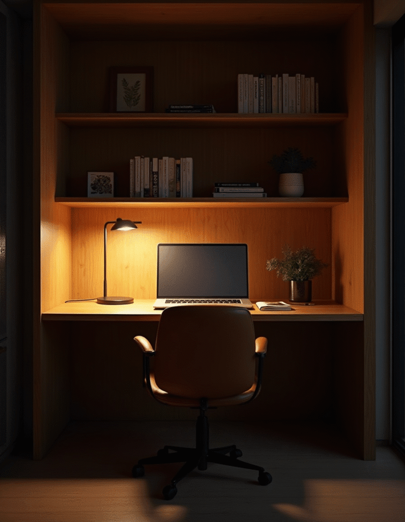 Organização de gavetas e tomadas embutidas em home office planejado.