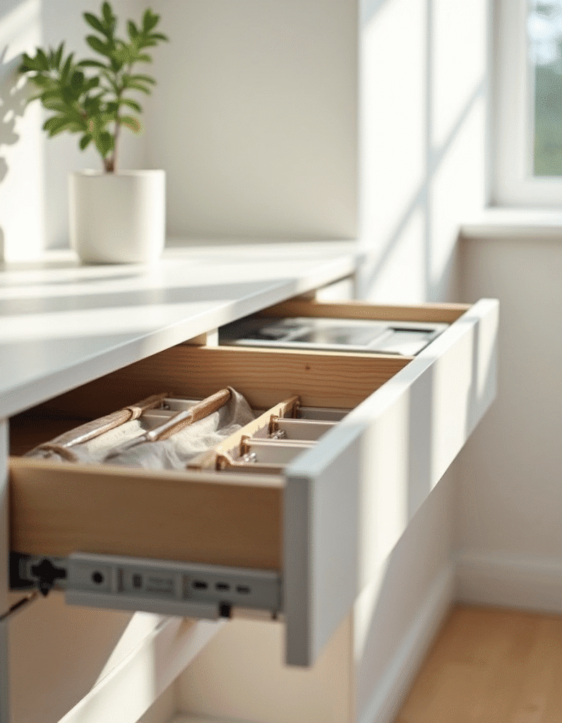 Varanda gourmet adaptada para home office com bancada planejada.