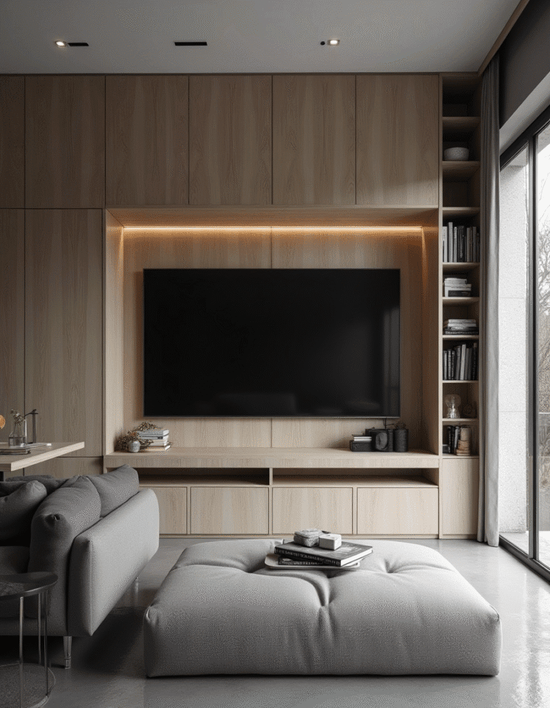Sala de estar pequena com painel de TV multifuncional e sofá planejado com armazenamento.