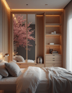 Cozinha pequena planejada com armários aéreos e organização interna.