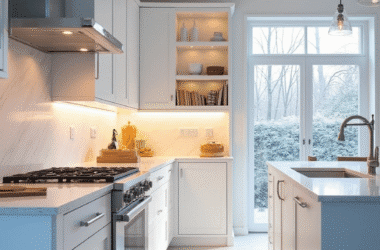 Cozinha pequena com móveis planejados brancos e iluminação LED.