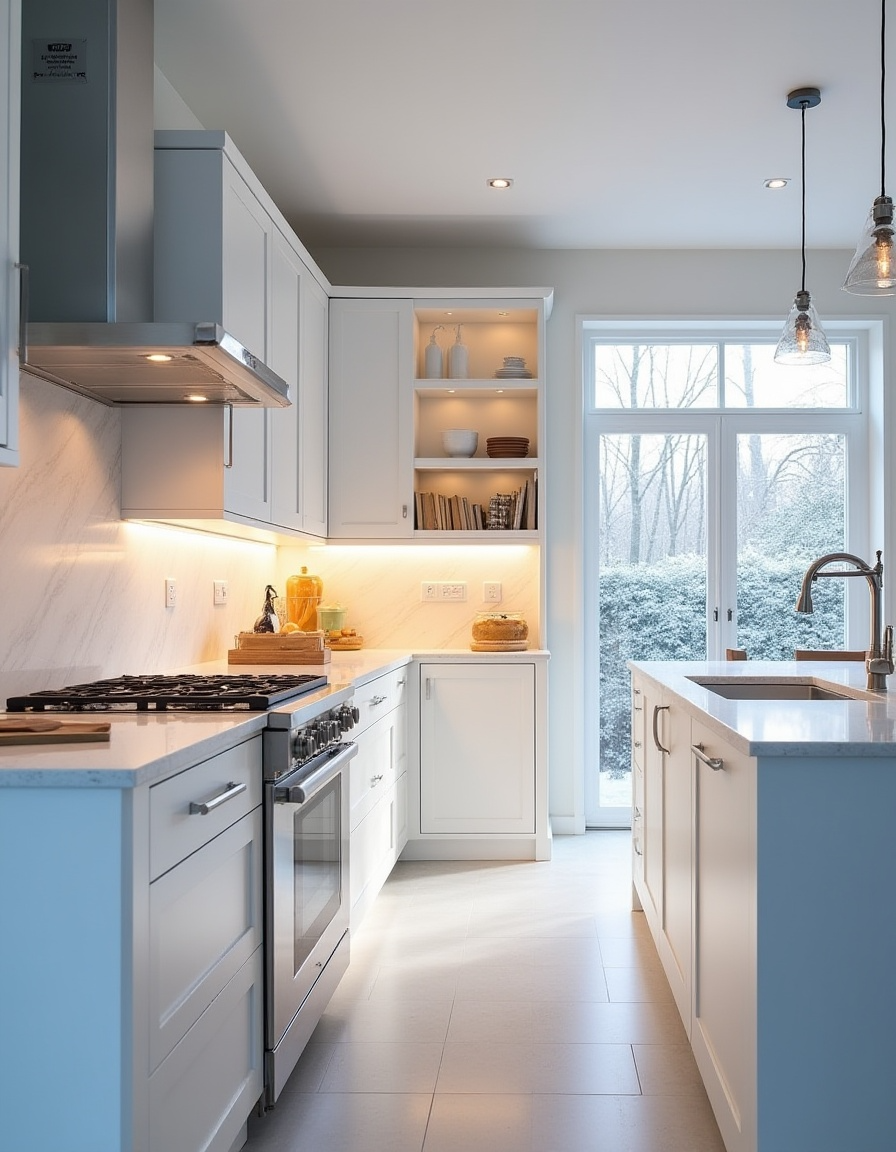 Cozinha pequena com móveis planejados brancos e iluminação LED.