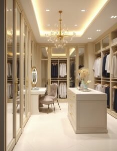 Um closet planejado moderno em tons claros de madeira, com cabideiros de alturas variadas, gavetas transparentes e prateleiras bem organizadas, mostrando a amplitude e a luminosidade.