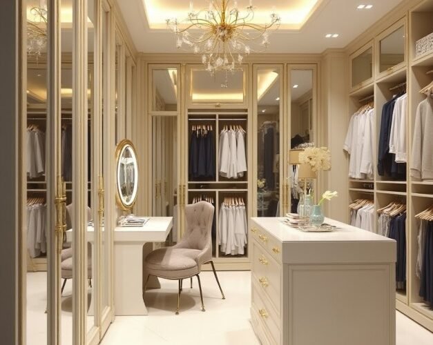 Um closet planejado moderno em tons claros de madeira, com cabideiros de alturas variadas, gavetas transparentes e prateleiras bem organizadas, mostrando a amplitude e a luminosidade.