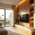 Uma sala de estar e jantar integradas em um apartamento pequeno, com um painel de TV planejado que se estende por toda a parede, conectando os ambientes e oferecendo nichos e prateleiras.