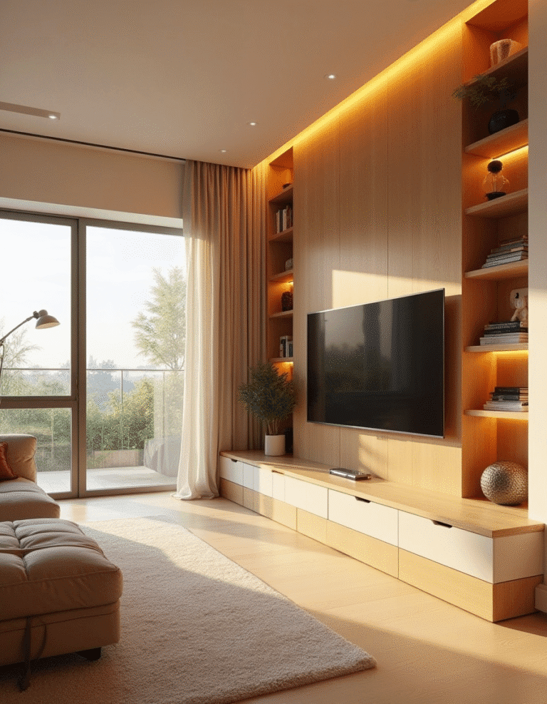 Uma sala de estar e jantar integradas em um apartamento pequeno, com um painel de TV planejado que se estende por toda a parede, conectando os ambientes e oferecendo nichos e prateleiras.