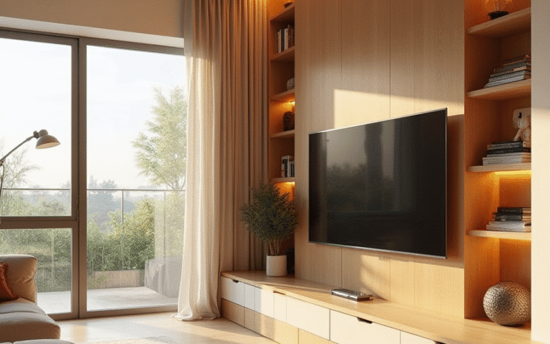 Uma sala de estar e jantar integradas em um apartamento pequeno, com um painel de TV planejado que se estende por toda a parede, conectando os ambientes e oferecendo nichos e prateleiras.