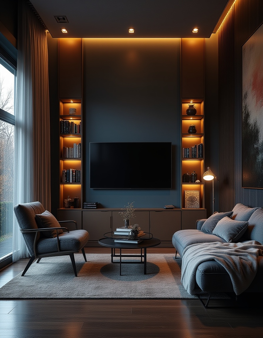 Uma sala de estar e jantar integradas em um apartamento pequeno, com um painel de TV planejado que se estende por toda a parede, conectando os ambientes e oferecendo nichos e prateleiras.