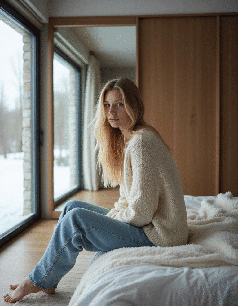 Mulher observando do seu quarto decorado com móveis planejados