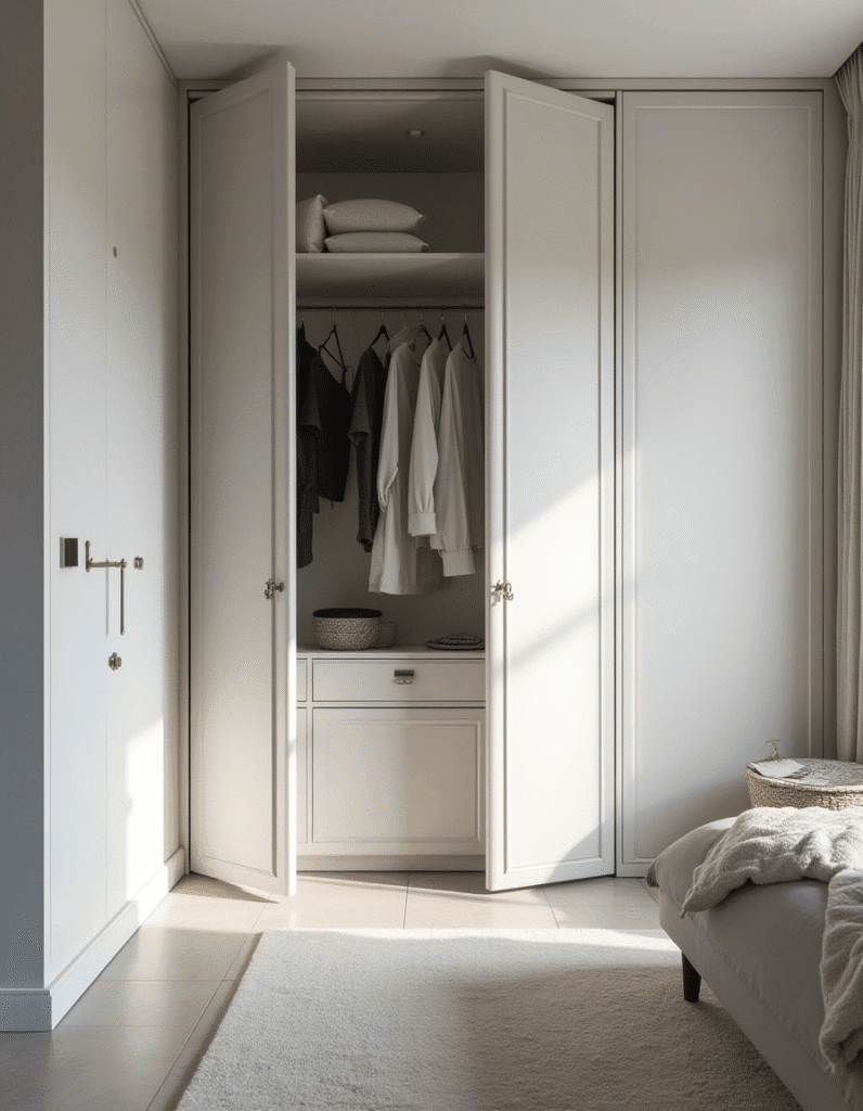 Cama de casal com baú e cabeceira multifuncional com nichos integrados.
