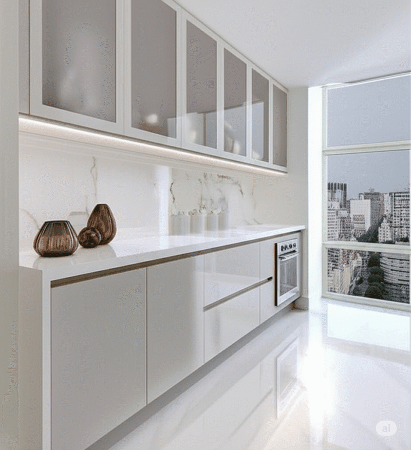 Uma cozinha planejada totalmente branca, com bancada e eletrodomésticos que contrastam, mostrando o efeito de amplitude e modernidade.