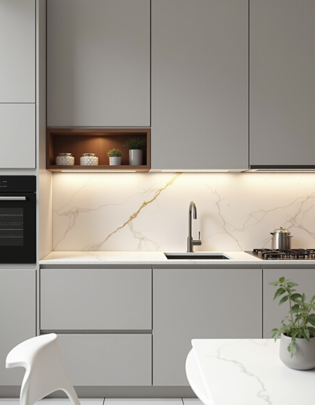 Uma cozinha planejada com armários em laminado melamínico em tonalidade amadeirada clara, destacando a uniformidade e a textura do material.