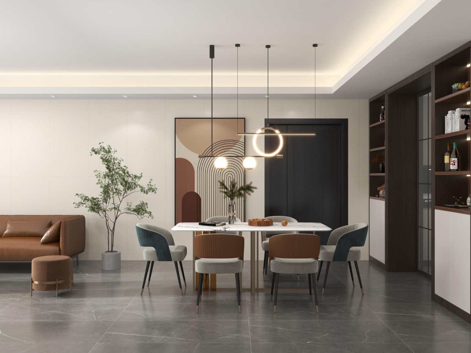 Sala de jantar com mesa e cadeiras de cantos arredondados e pendente circular.