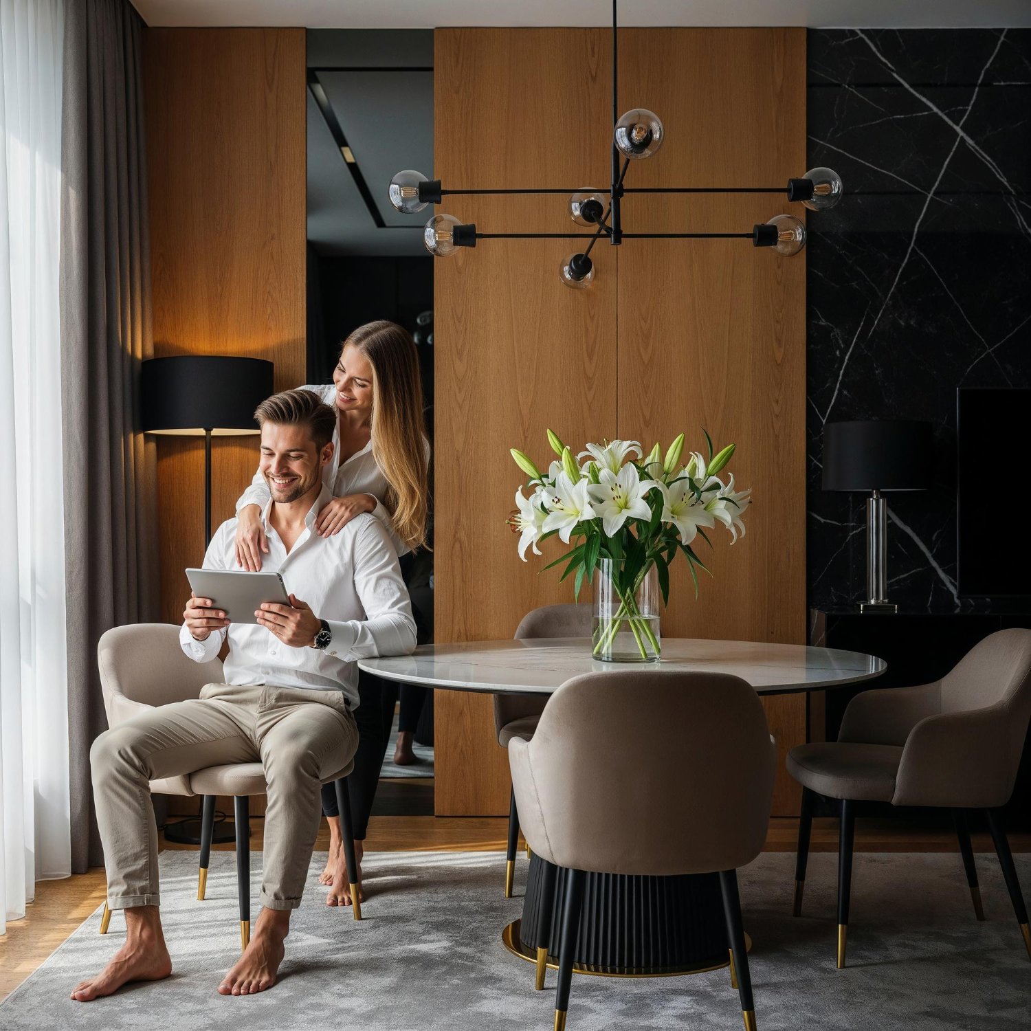 Casal pesquisando móveis planejados em um portal, simbolizando a captação de leads.