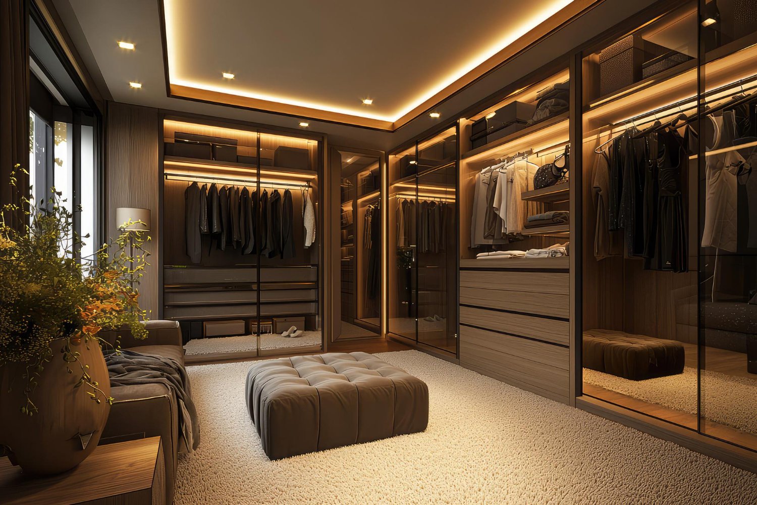 Detalhe da qualidade de móveis planejados, mostrando closet com iluminação embutida e ferragens de alta qualidade.