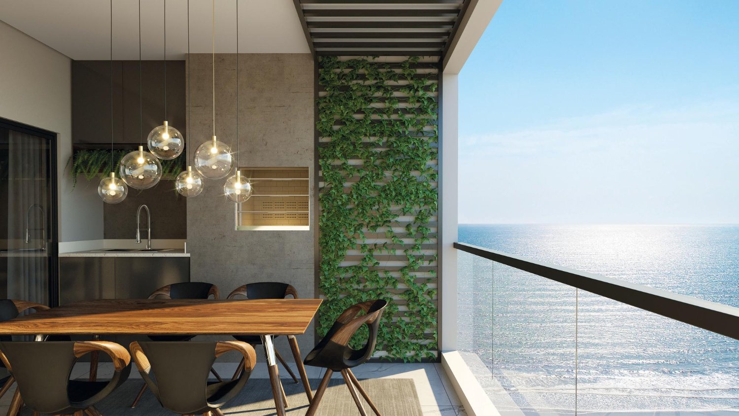 Varanda gourmet de apartamento otimizada com móveis planejados e bancada compacta, ideal para otimização de espaços.
