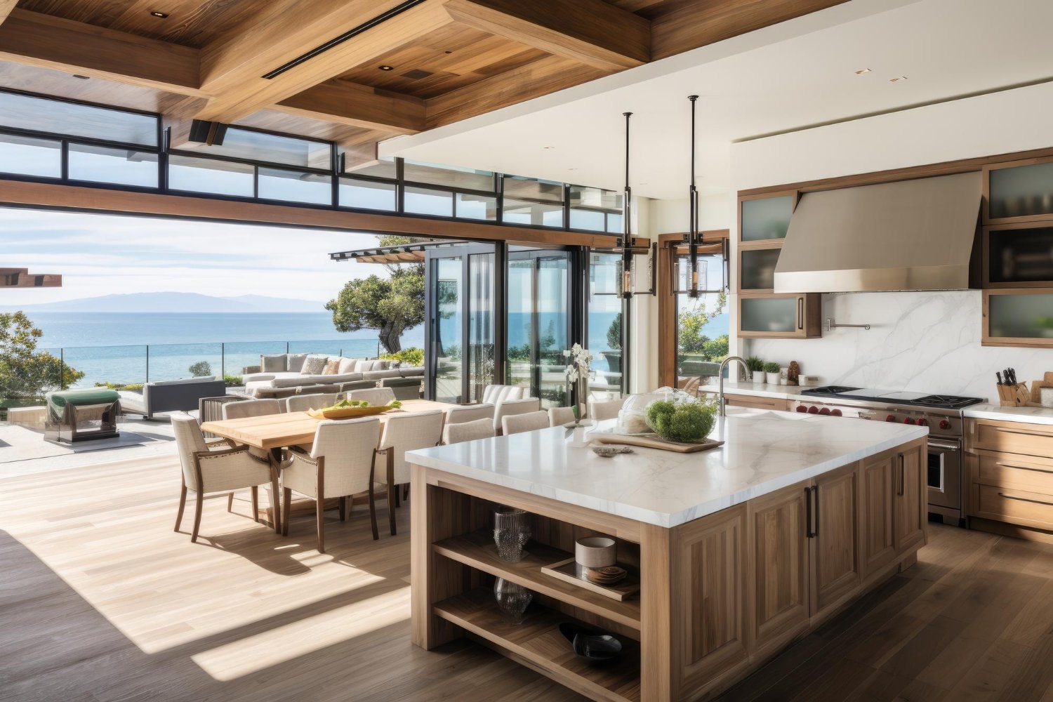 Área gourmet com ilha central planejada, cooktop e coifa, servindo como ponto de encontro.
