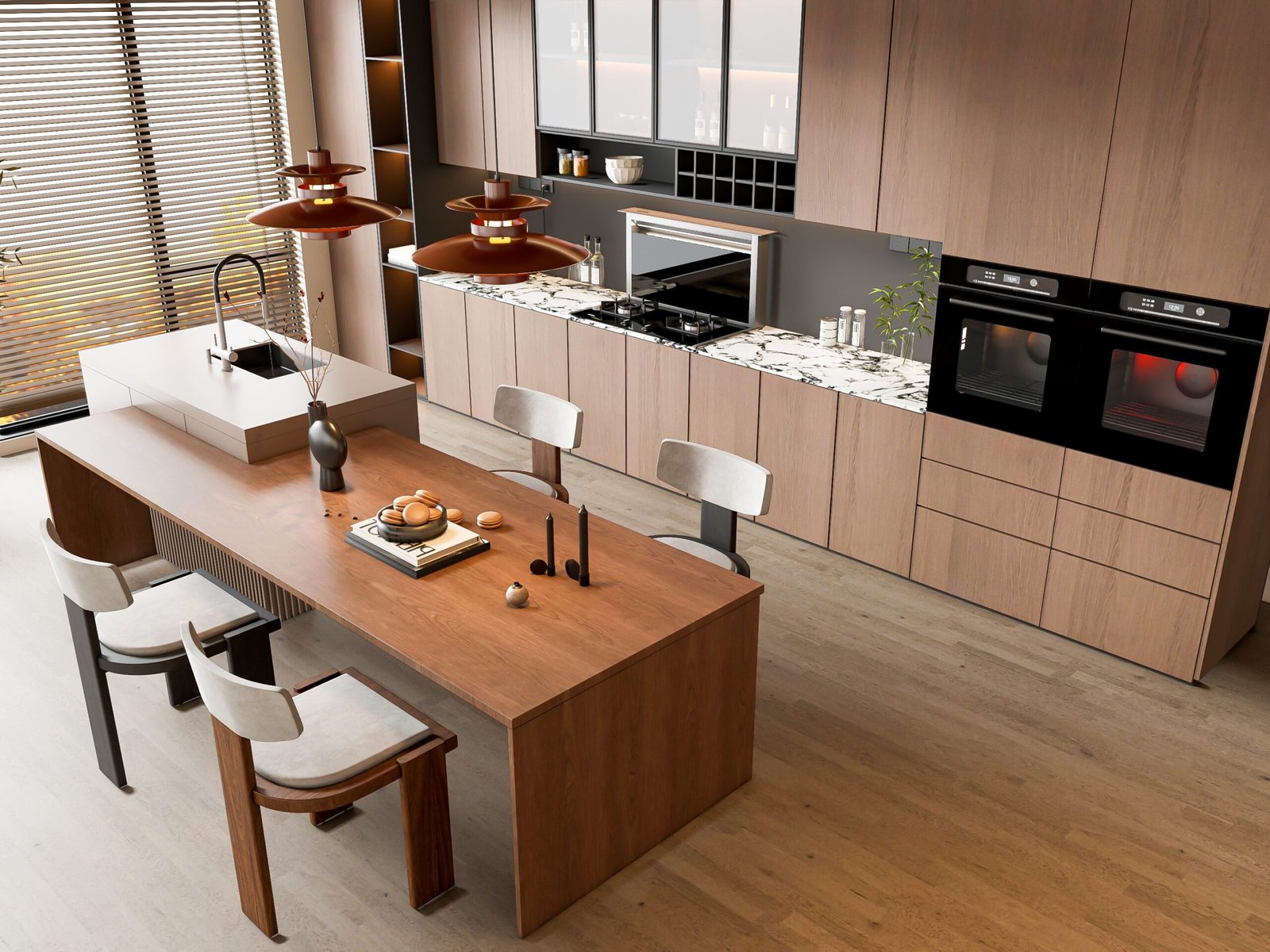 Cozinha gourmet integrada com ilha central com cooktop e banquetas altas, conectada à sala de estar.