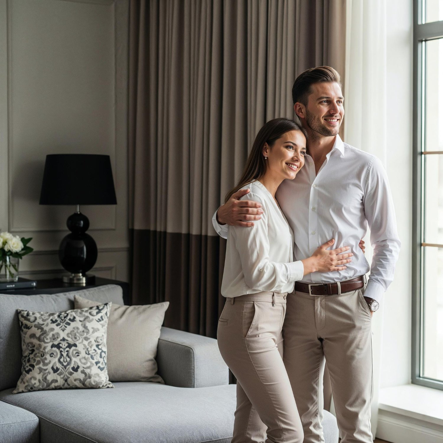 Casal feliz com a casa pronta após comprar móveis planejados.