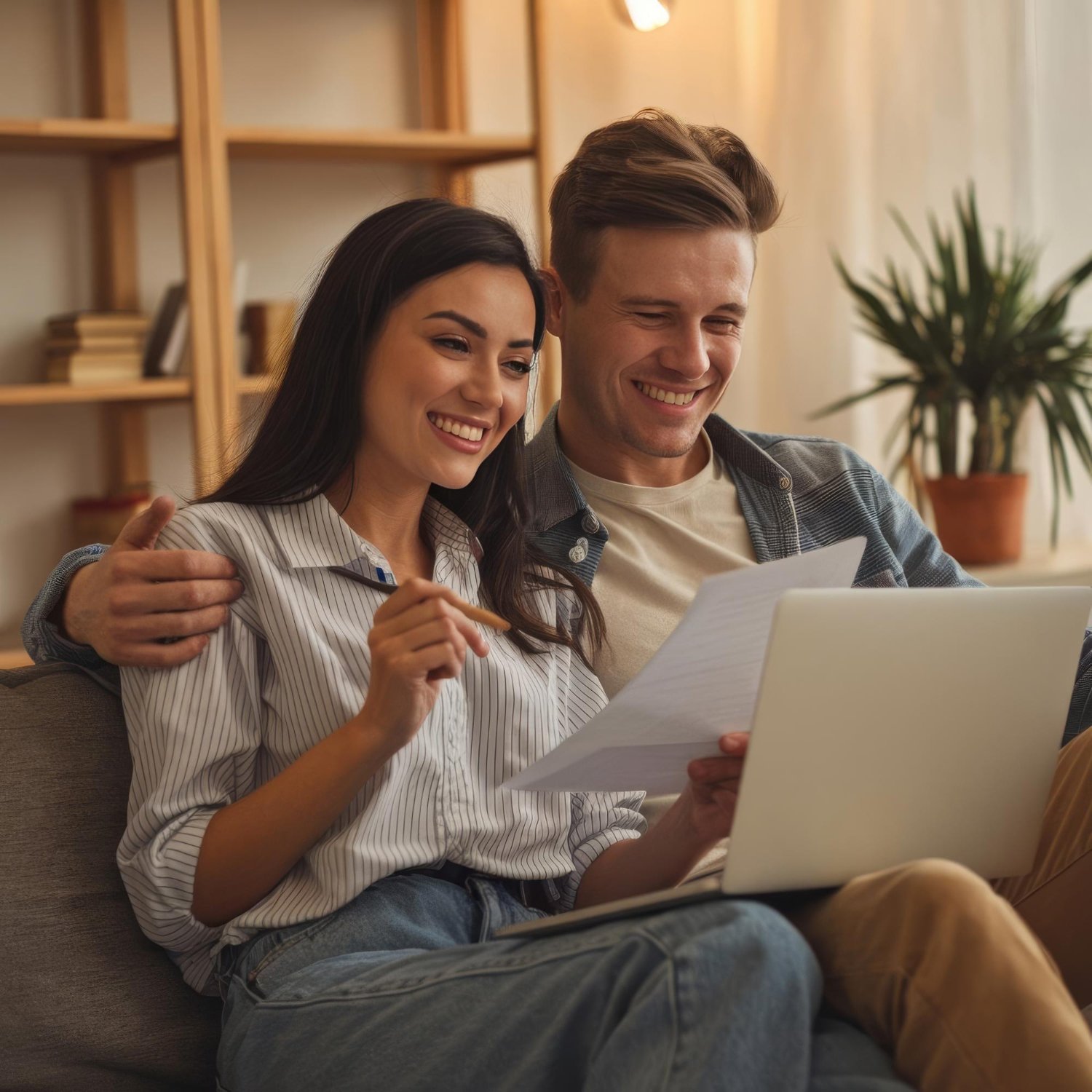 Casal sorrindo com um orçamento, representando a concretização de um negócio com leads ProjeFácil.