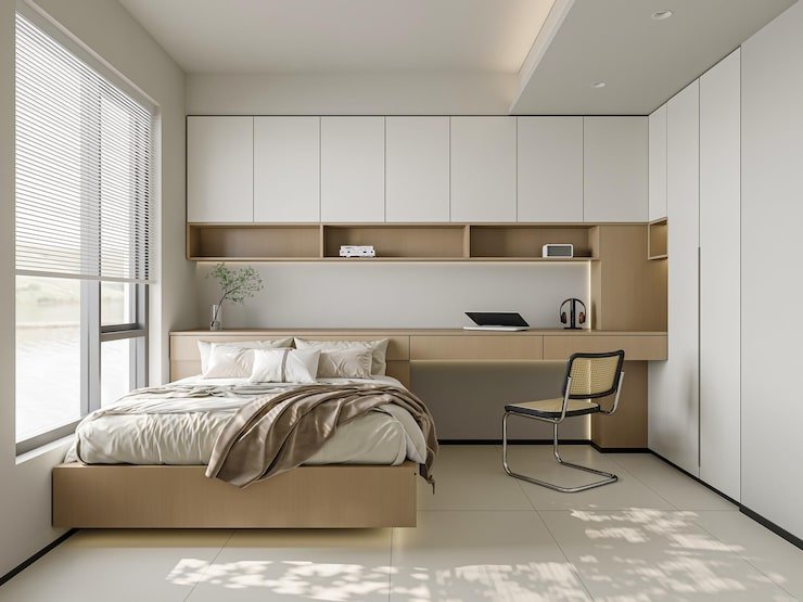 Quarto pequeno com móveis planejados multifuncionais e home office.