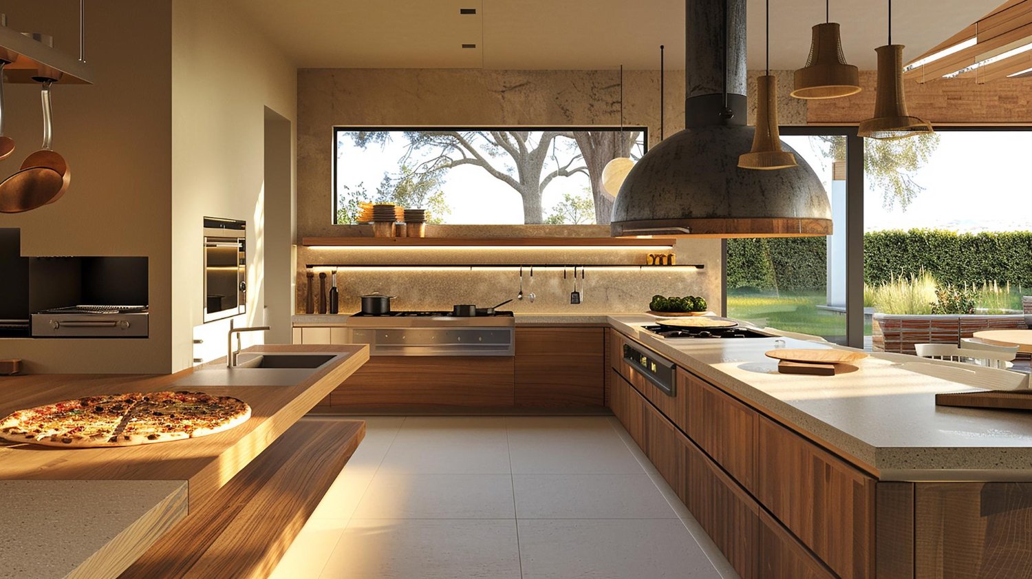Ampla cozinha gourmet com ilha funcional, cooktop, coifa de teto e banquetas para integração.